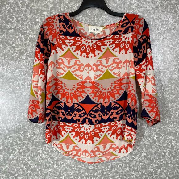Sabine Coral & Blue Boho Printed 3/4 Sleeve Chiffon Top - Size XS - Scoop Neck - Picture 1 of 7
